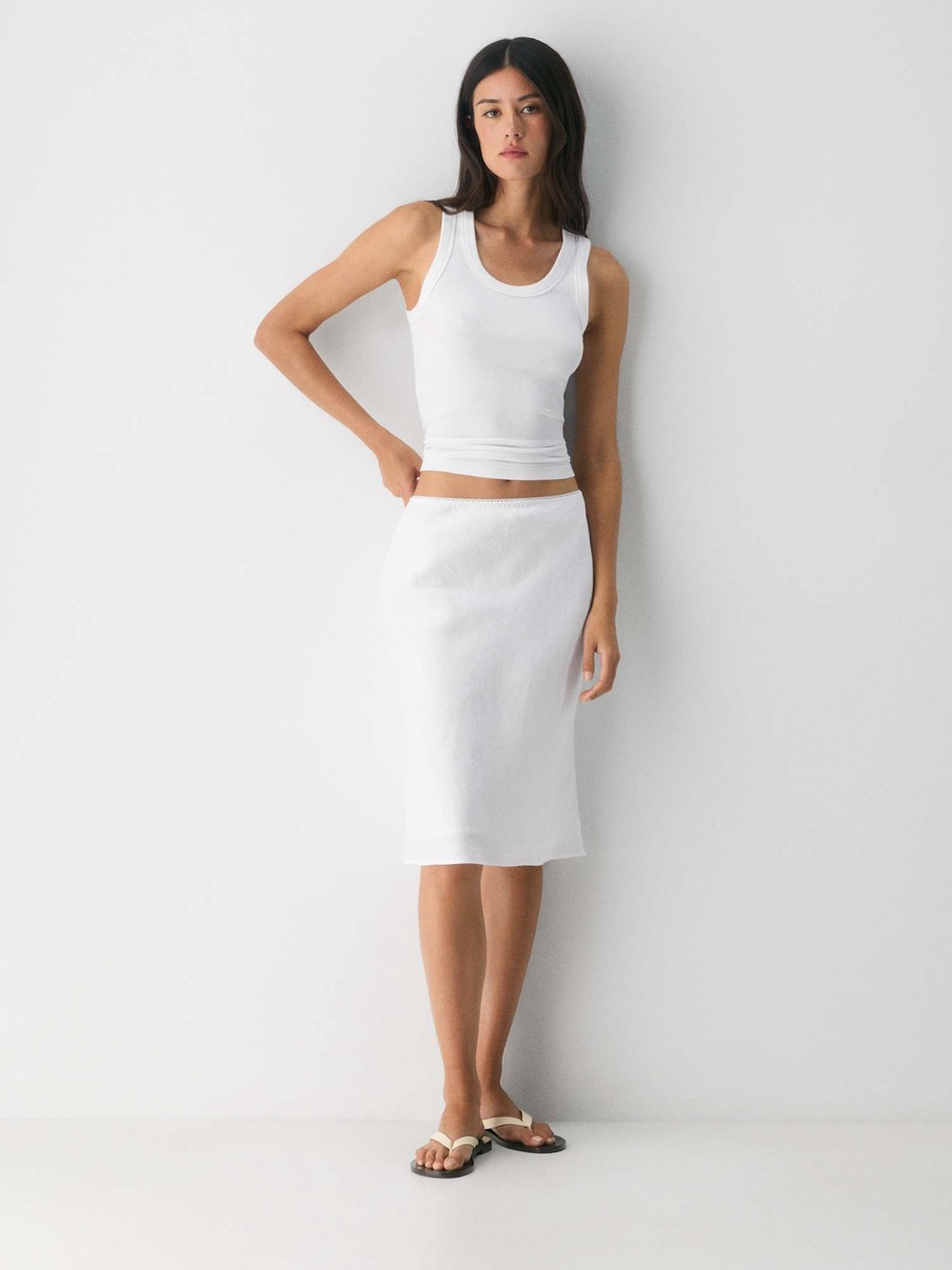 Women's 100% linen white Midi Skirt - Classic Minimal Style